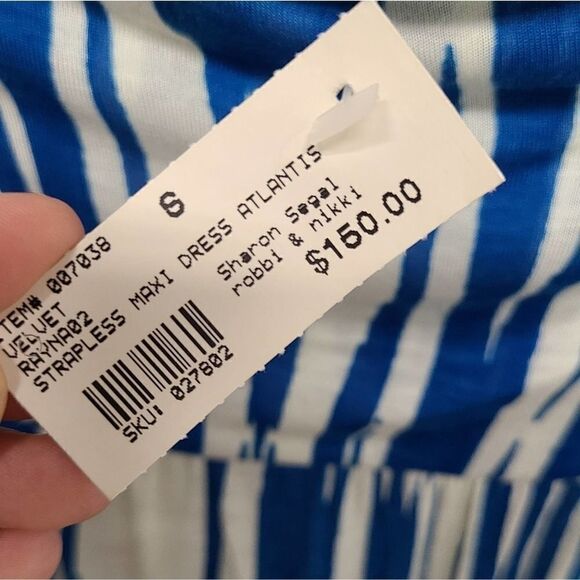 Maxi Strapless Blue/Cream Boho Dress Size 6 - Picture 3 of 4